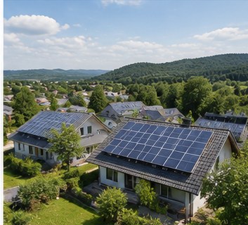 Luftaufnahme von Häusern mit Photovoltaikanlagen