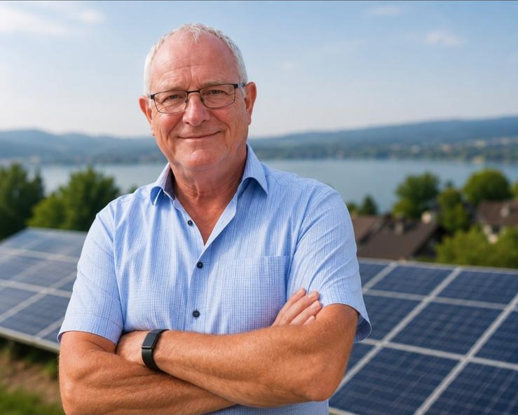 Rainer Sulger vor einer Photovoltaikanlage am Bodensee