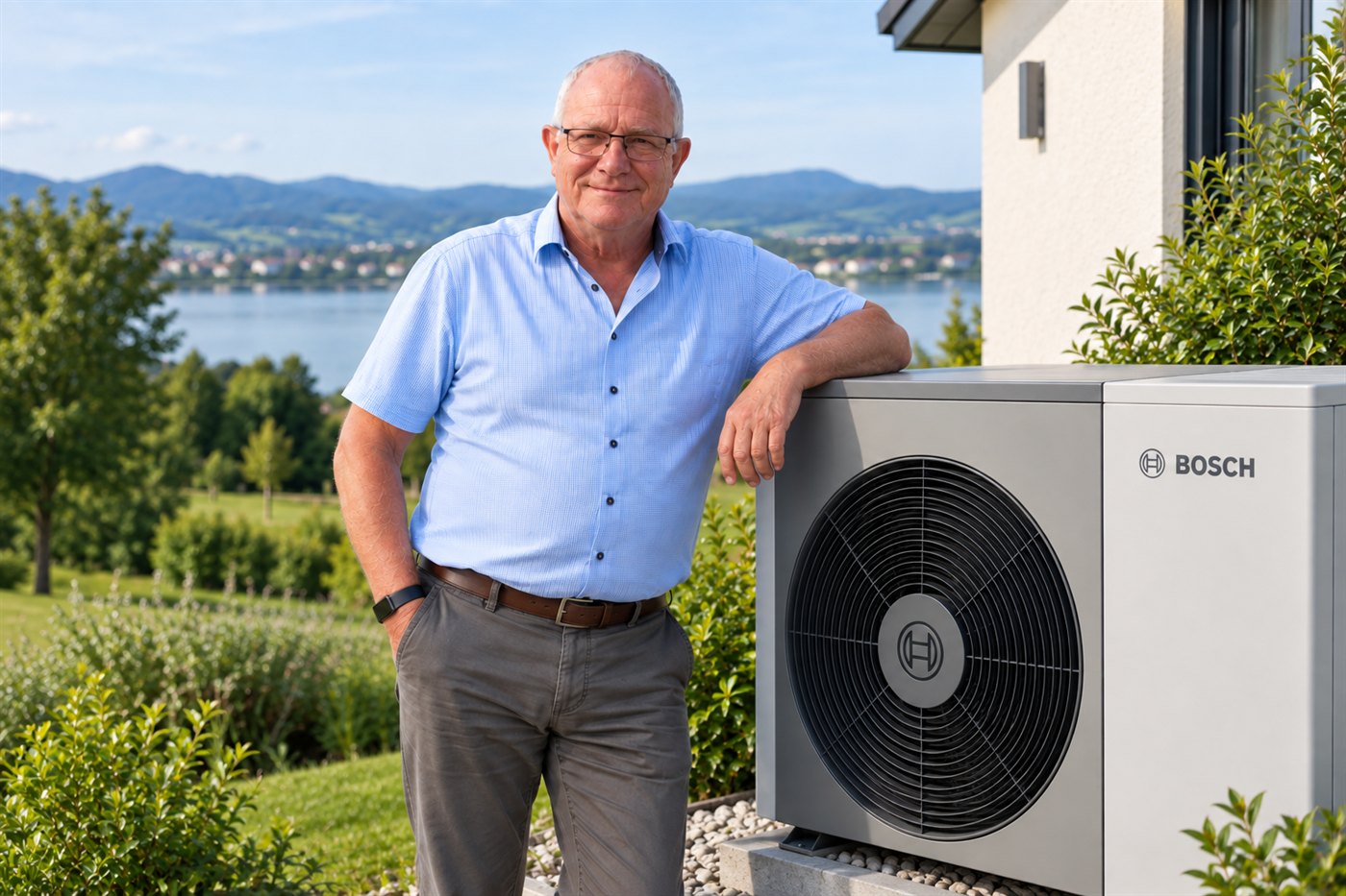 Rainer Sulger neben einer Bosch-Wärmepumpe am Bodensee